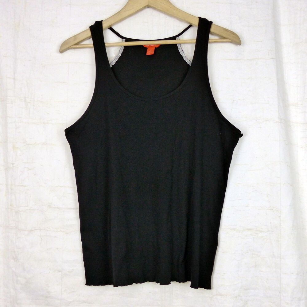 Joe Fresh Ribbed Tank Top Women 3X Black Scoop Neck Lace Trim Layering Stretch